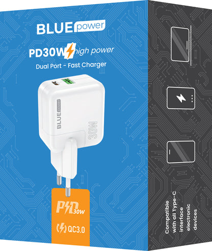 Caricabatterie di rete BLUE Power BC111A, 30W, 3A, 1 x USB-A - 1 x USB-C, bianco 