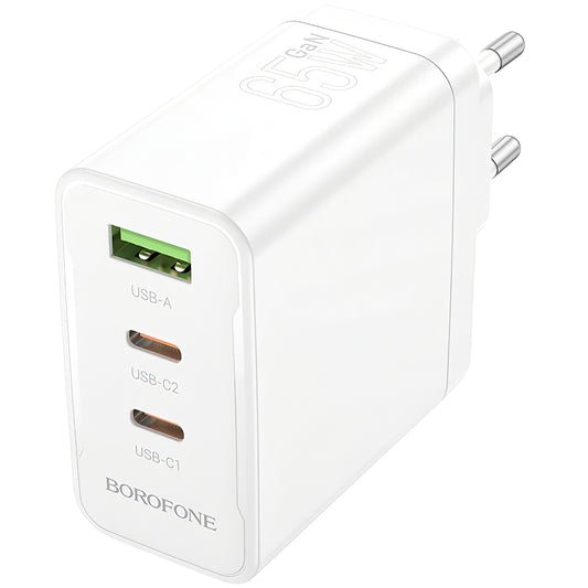 Caricabatterie di rete Borofone BN12, 65W, 5A, 1 x USB-A - 2 x USB-C, Bianco