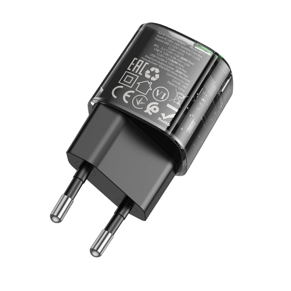 Caricabatterie Retea Borofone BN17 Sunlight, 20W, 3A, 1 x USB-A - 1 x USB-C, Nero