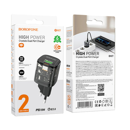 Caricabatterie Retea Borofone BN17 Sunlight, 20W, 3A, 1 x USB-A - 1 x USB-C, Nero