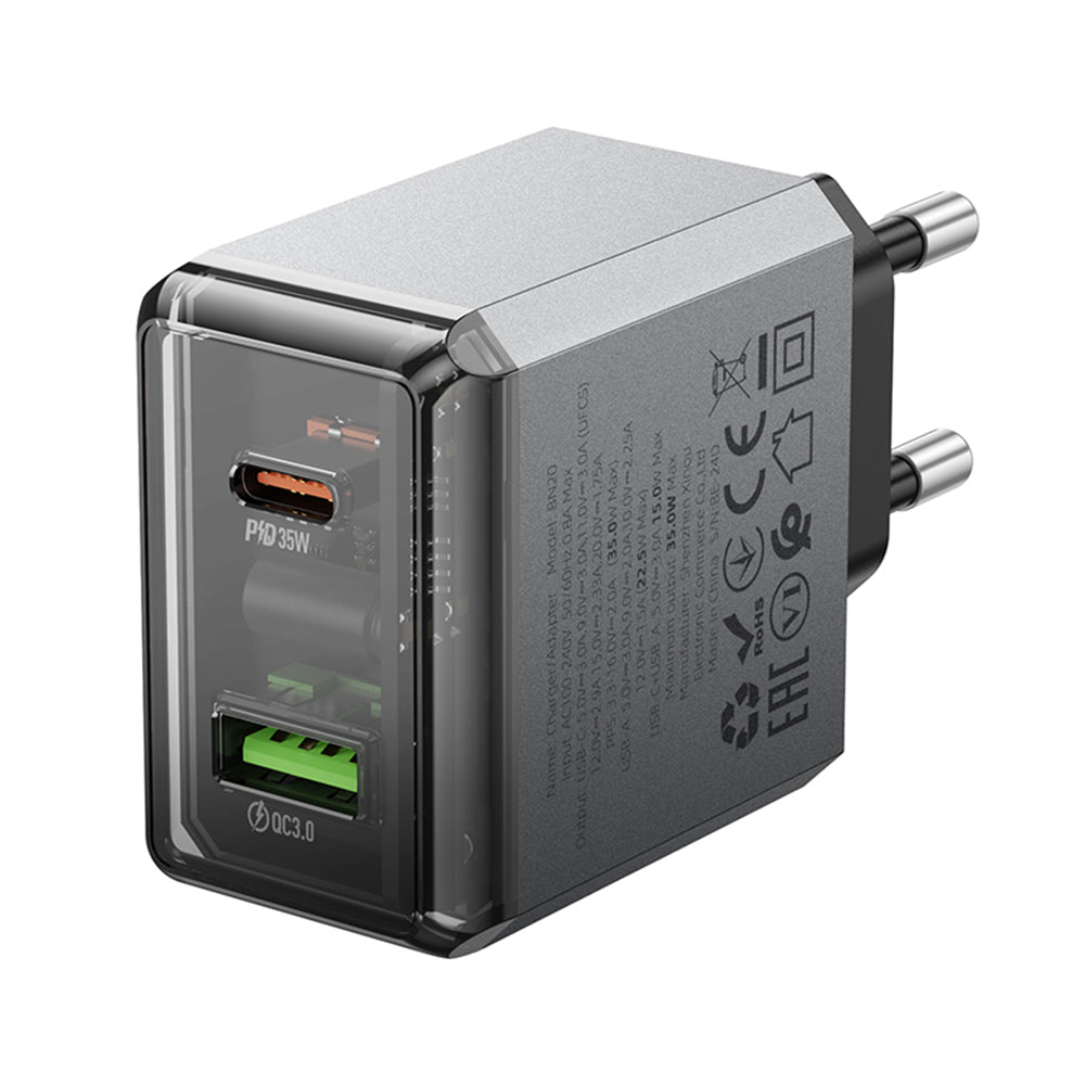 Caricabatterie Retea Borofone BN20 Lena, 35W, 3A, 1 x USB-A - 1 x USB-C, Grigio