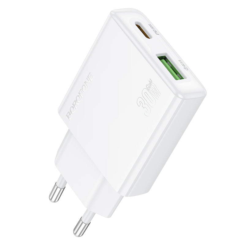 Caricatore di rete Borofone BN25 Wish, 30W, 3A, 1 x USB-A - 1 x USB-C, bianco 