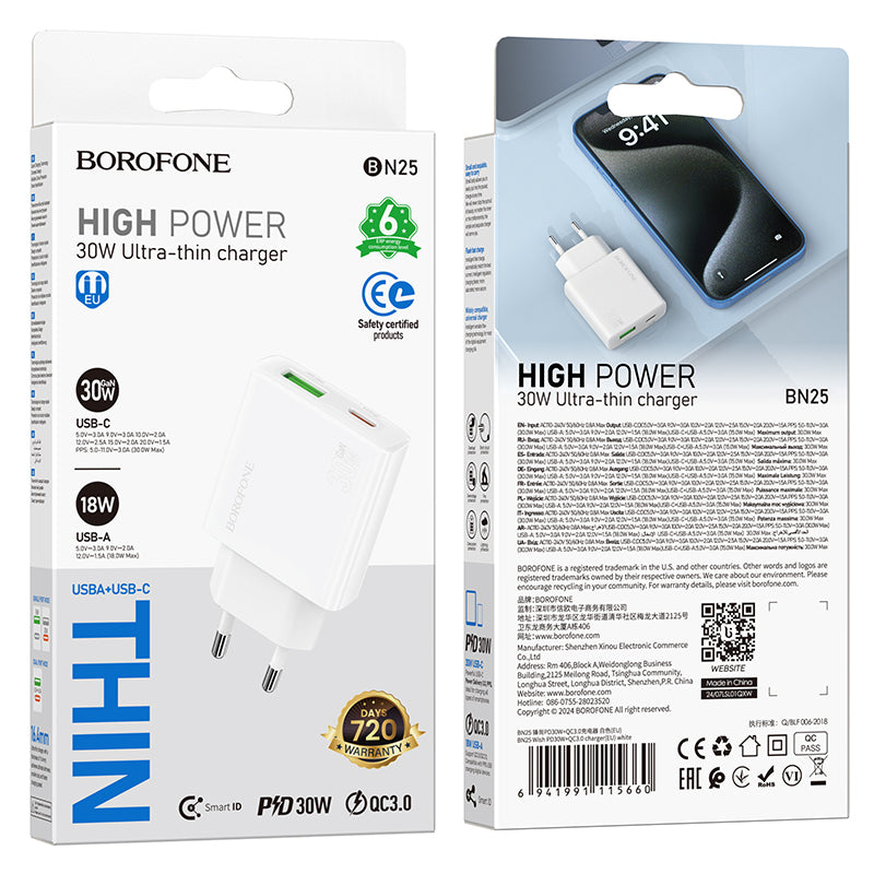 Caricatore di rete Borofone BN25 Wish, 30W, 3A, 1 x USB-A - 1 x USB-C, bianco 