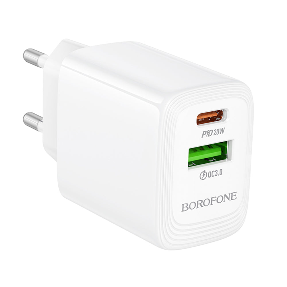 Caricabatterie Retea Borofone BN27 Fuente, 20W, 3A, 1 x USB-A - 1 x USB-C, Bianco