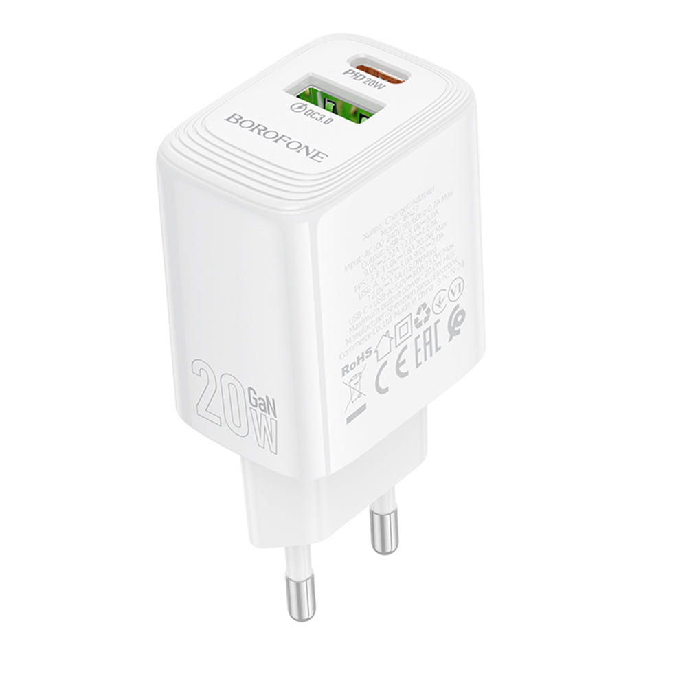 Caricabatterie Retea Borofone BN27 Fuente, 20W, 3A, 1 x USB-A - 1 x USB-C, Bianco