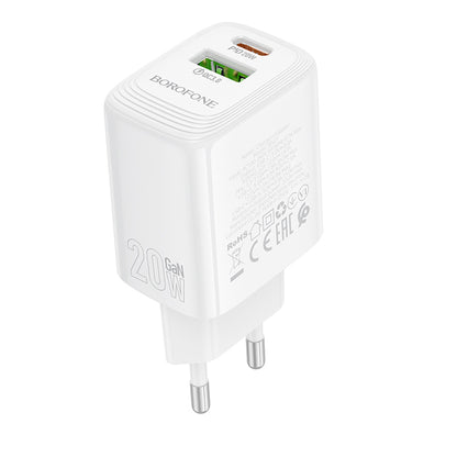 Caricabatterie Retea Borofone BN27 Fuente, 20W, 3A, 1 x USB-A - 1 x USB-C, Bianco
