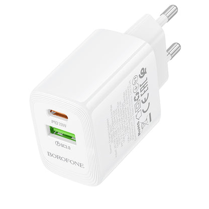 Caricabatterie Retea Borofone BN27 Fuente, 20W, 3A, 1 x USB-A - 1 x USB-C, Bianco