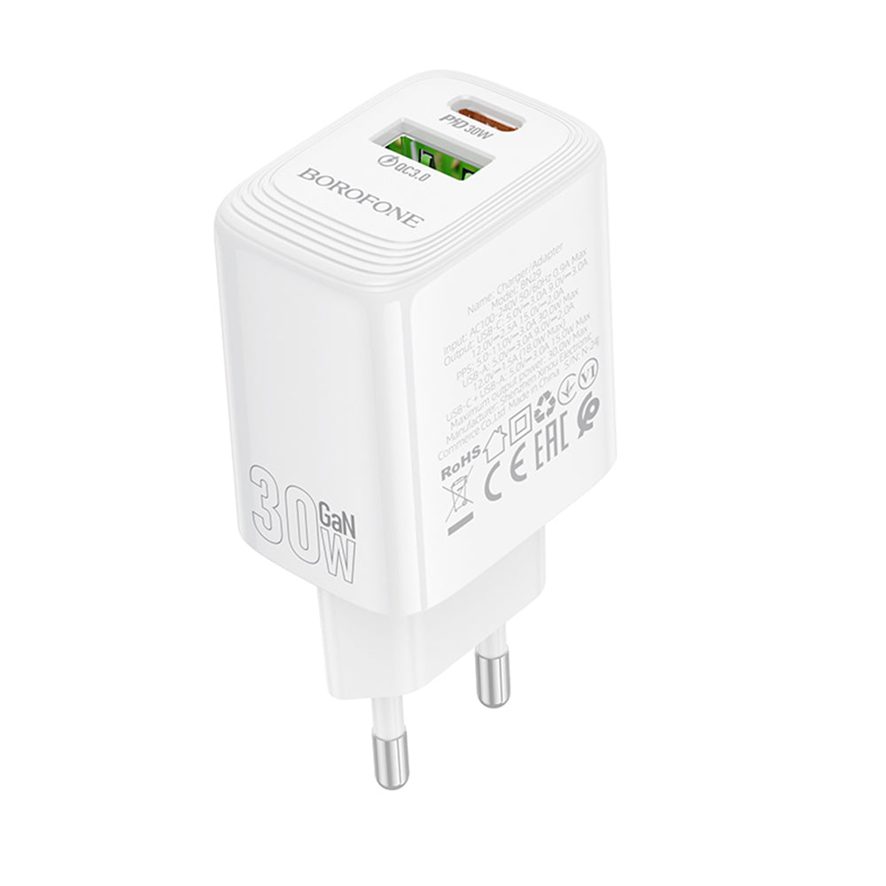 Caricabatterie Retea Borofone BN29 Fuente, 30W, 3A, 1 x USB-A - 1 x USB-C, Bianco