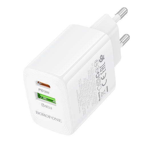 Caricabatterie Retea Borofone BN29 Fuente, 30W, 3A, 1 x USB-A - 1 x USB-C, Bianco