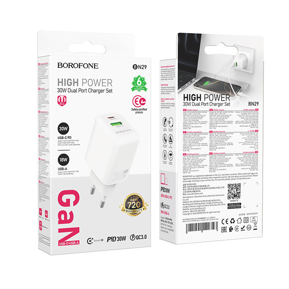 Caricabatterie Retea Borofone BN29 Fuente, 30W, 3A, 1 x USB-A - 1 x USB-C, Bianco
