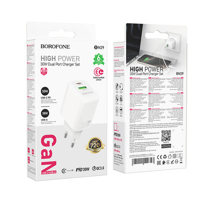 Caricabatterie Retea Borofone BN29 Fuente, 30W, 3A, 1 x USB-A - 1 x USB-C, Bianco