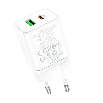 Caricatore di rete Borofone BN7, 20W, 3A, 1 x USB-A - 1 x USB-C, bianco 