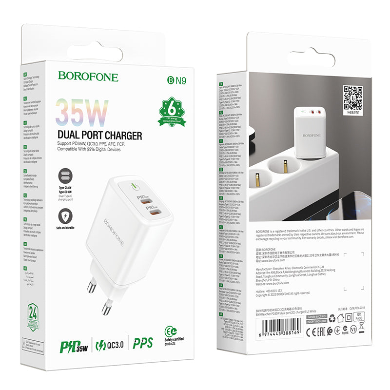 Caricabatterie di rete Borofone BN9, 35W, 3A, 2 x USB-C, bianco 