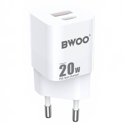 Caricabatterie di rete BWOO BO-CDA156, 20W, 3A, 1 x USB-A - 1 x USB-C, bianco 