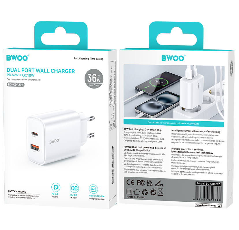 Caricabatterie Rete BWOO CDA207, 36W, 3A, 1 x USB-A - 1 x USB-C, Bianco
