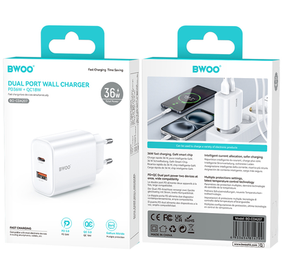 Caricabatterie Rete BWOO CDA207, 36W, 3A, 1 x USB-A - 1 x USB-C, Bianco