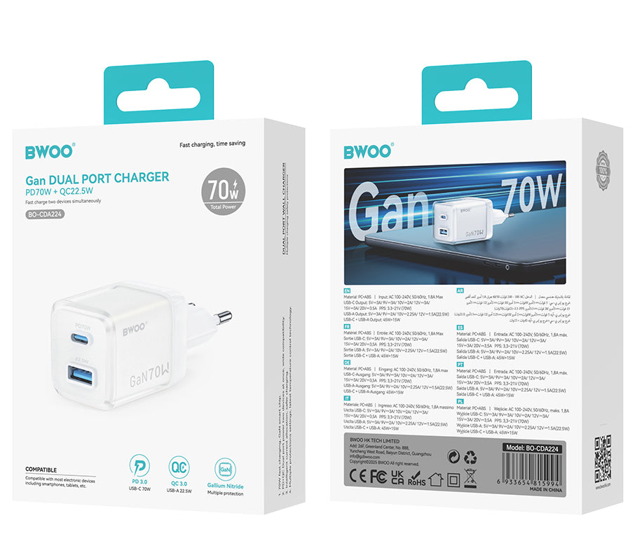 Caricabatterie Retea BWOO CDA224, 70W, 3.25A, 1 x USB-A - 1 x USB-C, Bianco