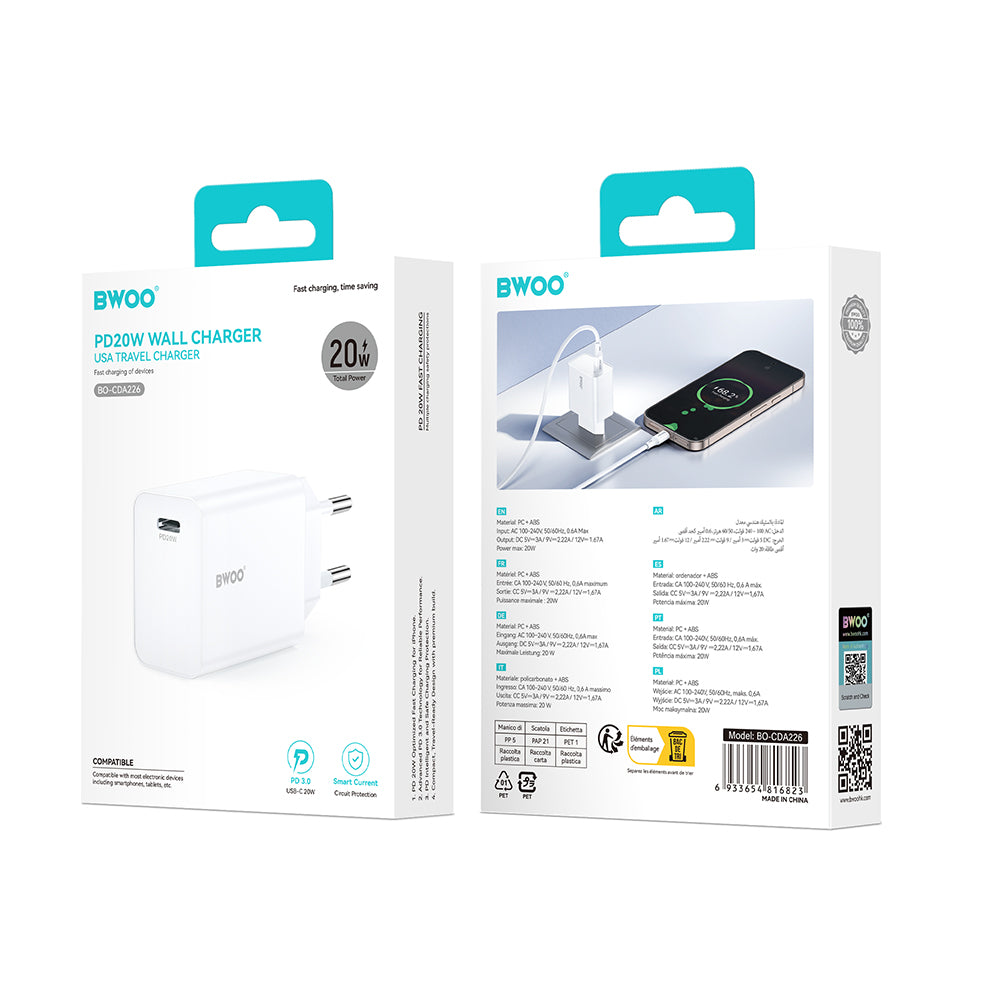 BWOO CDA226 Network Charger, 20W, 3A, 1 x USB-C, White