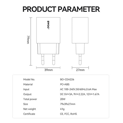 BWOO CDA226 Network Charger, 20W, 3A, 1 x USB-C, White