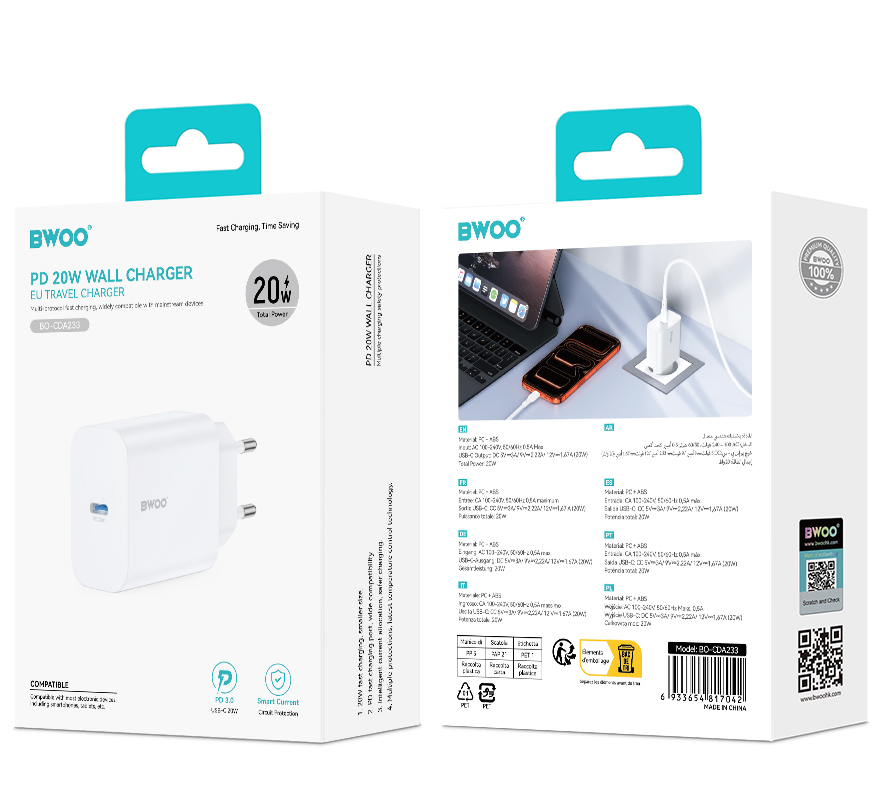 Caricabatterie Rete BWOO CDA233, 20W, 3A, 1 x USB-C, Bianco