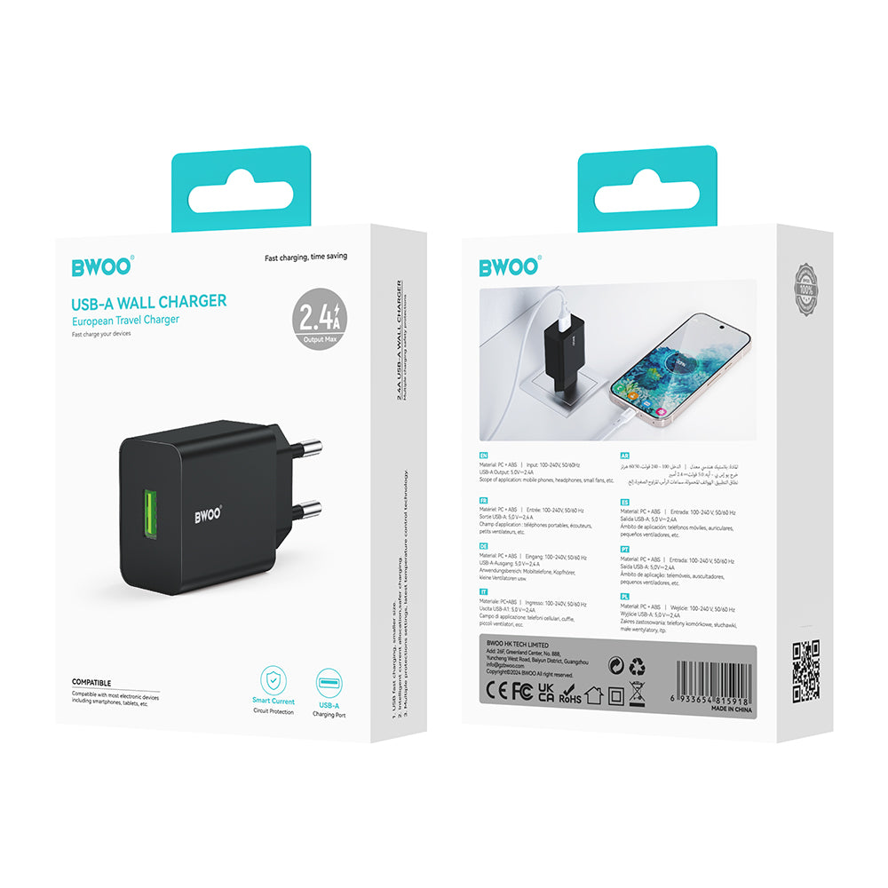 BWOO CDA249 Network Charger, 12W, 2.4A, 1 x USB-A, Black