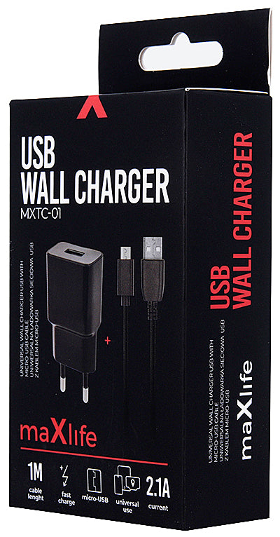 MaXlife MXTC-01 Caricabatterie di rete con cavo microUSB, 10,5 W, 2,1 A, 1 x USB-A, nero