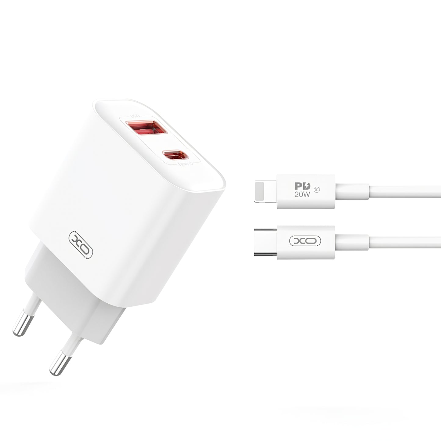 Caricabatterie di rete con cavo Lightning XO Design CE12, 20W, 3A, 1 x USB-A - 1 x USB-C, bianco 