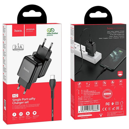 Caricabatterie da rete con cavo USB-C HOCO N2, 10W, 2A, 1 x USB-A, Nero