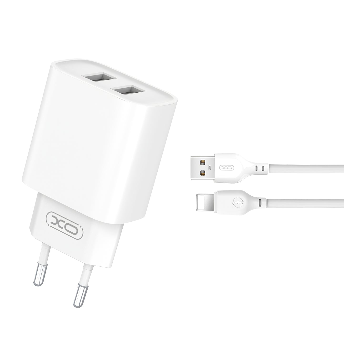 Caricatore di rete con cavo Lightning XO Design CE02C, 10,5 W, 2,1 A, 2 x USB-A, bianco 