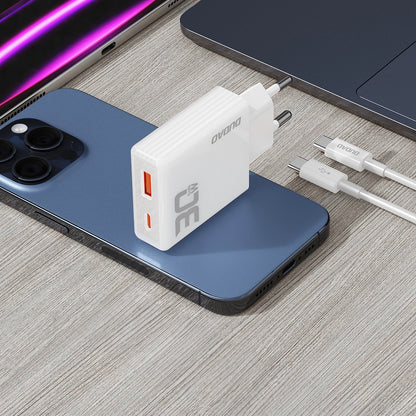 Dudao A30EUT Caricatore di rete con cavo USB-C, 30W, 3A, 1 x USB-A - 1 x USB-C, bianco 