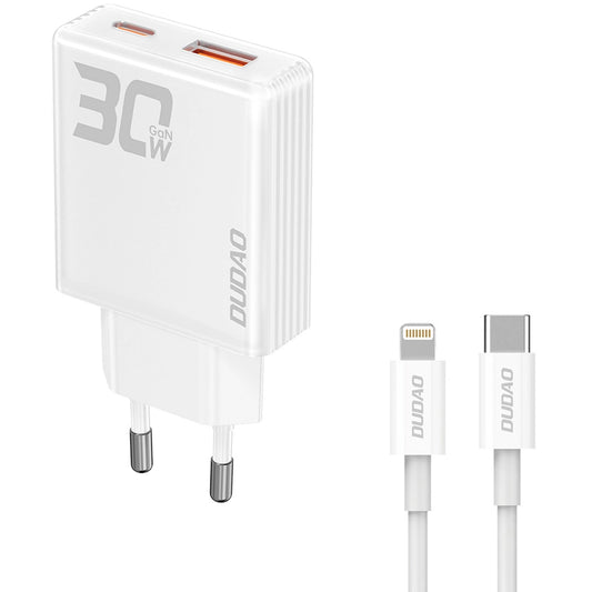 Dudao A30EUL Caricatore di rete con cavo Lightning, 30W, 3A, 1 x USB-A - 1 x USB-C, Bianco 