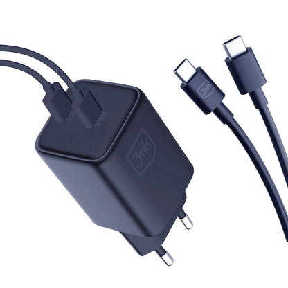 Caricabatterie di rete 3MK HyperCharger con cavo USB-C, 45W, 3A, 2 x USB-C, nero 