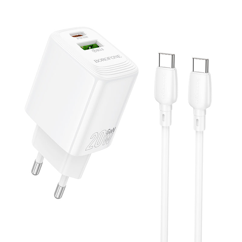 Network Charger with USB-C Cable Borofone BN27 Fuente, 20W, 3A, 1 x USB-A - 1 x USB-C, White
