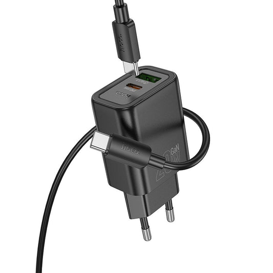 Caricabatterie da rete con cavo Lightning HOCO N61, 20W, 3A, 1 x USB-A - 1 x USB-C, Nero