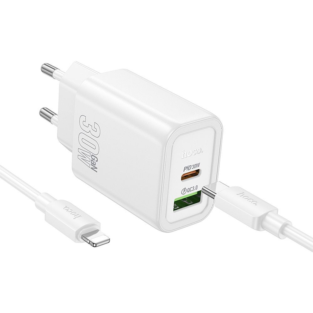 Caricabatterie da Rete con Cavo Lightning HOCO N63, 30W, 3A, 1 x USB-A - 1 x USB-C, Bianco