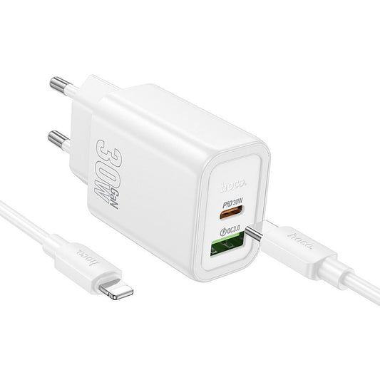 Caricabatterie da Rete con Cavo Lightning HOCO N63, 30W, 3A, 1 x USB-A - 1 x USB-C, Bianco