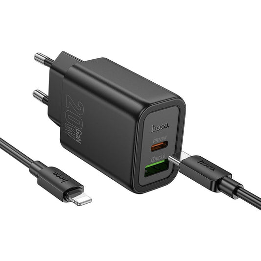 Caricabatterie da rete con cavo USB-C HOCO N61, 20W, 3A, 1 x USB-A - 1 x USB-C, Nero