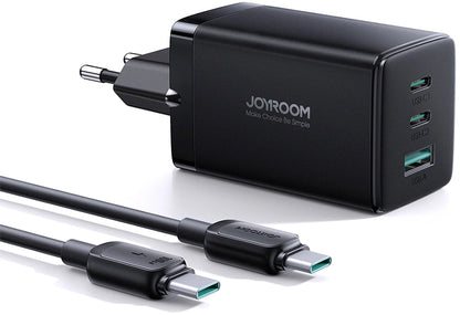 Caricabatterie Rete Con Cavo USB-C Joyroom TCG01, 65W, 3.25A, 1 x USB-A - 2 x USB-C, Nero