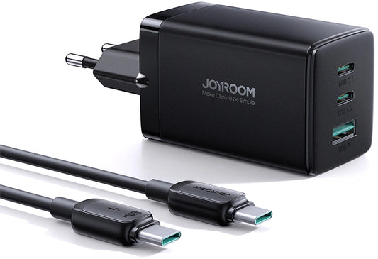 Caricabatterie Rete Con Cavo USB-C Joyroom TCG01, 65W, 3.25A, 1 x USB-A - 2 x USB-C, Nero