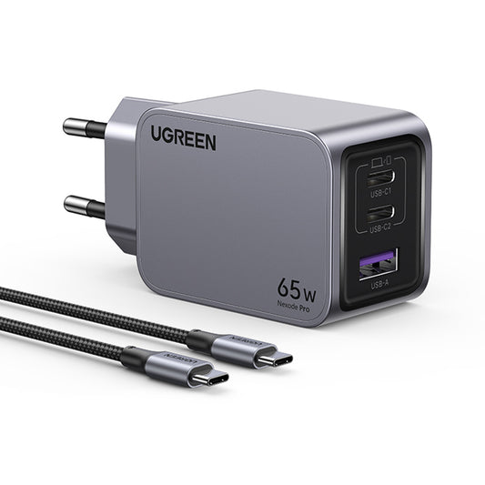 Caricabatterie da Rete con Cavo USB-C UGREEN X755 Nexode Pro, 65W, 3A, 1 x USB-A - 2 x USB-C, Grigio