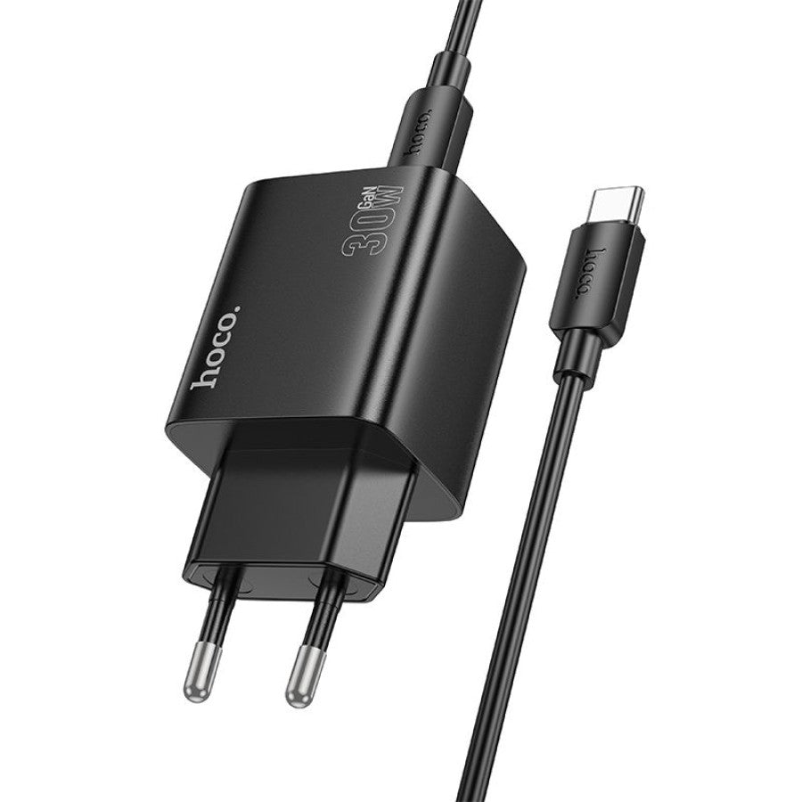 Caricabatterie da Rete con Cavo USB-C HOCO N56, 30W, 3A, 2 x USB-A - 2 x USB-C, Nero