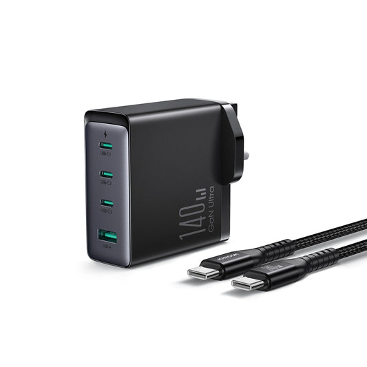 Caricabatterie da Rete con Cavo USB-C Joyroom JR-TCG05UK, 140W, 5A, 1 x USB-A - 3 x USB-C, UK, Nero