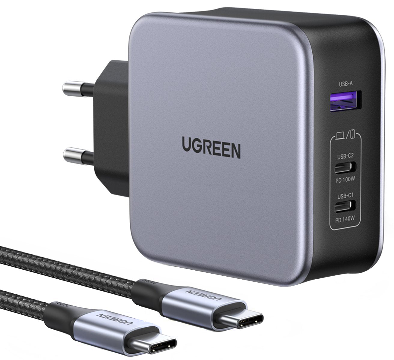 Caricabatterie da Rete con Cavo USB-C UGREEN CD289, 140W, 5A, 1 x USB-A - 2 x USB-C, Grigio
