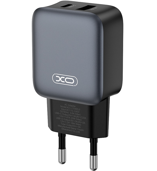 Caricabatterie da Rete con Cavo Lightning XO Design L154, 20W, 3A, 1 x USB-A - 1 x USB-C, Nero