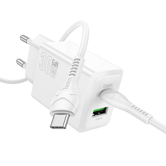 Caricabatterie da Rete con Cavo USB-C HOCO N71, 30W, 3A, 1 x USB-A - 1 x USB-C, Bianco
