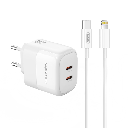 Caricabatterie da Rete con Cavo Lightning XO Design L140, 35W, 3A, 2 x USB-C, Bianco