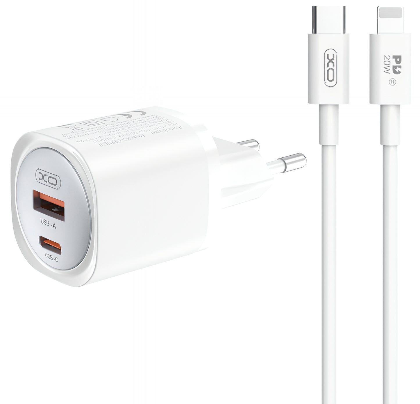 Caricabatterie da Rete con Cavo Lightning XO Design CE21, 30W, 3A, 1 x USB-A - 1 x USB-C, Bianco