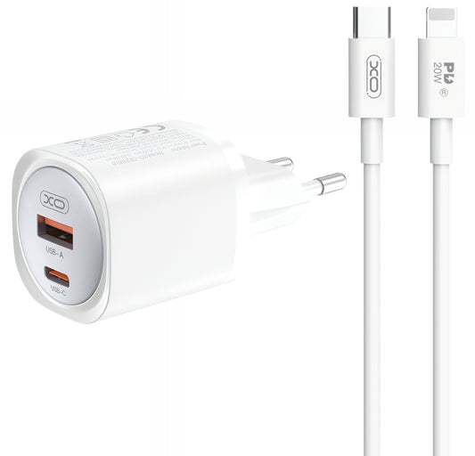 Caricabatterie da Rete con Cavo Lightning XO Design CE21, 30W, 3A, 1 x USB-A - 1 x USB-C, Bianco