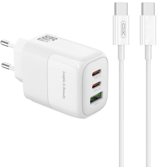 Caricabatterie da Rete con Cavo USB-C XO Design L139, 65W, 4.5A, 1 x USB-A - 2 x USB-C, Bianco