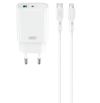 Caricabatterie da Rete con Cavo Lightning XO Design CE30, 30W, 3A, 1 x USB-A - 1 x USB-C, Bianco